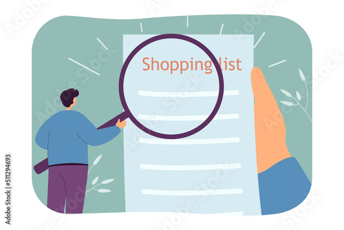 Tiny man with magnifier and huge hand holding shopping list. Male character studying list of products flat vector illustration. Shopping, organization concept for banner or landing web page