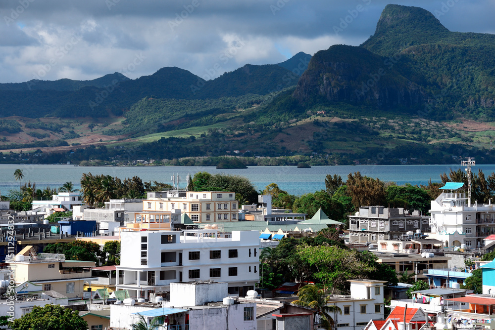 Panoramic view of Mahébourg, in background Lion mountain, Grand Port district, southeastern coast of Mauritius, Mauritius, Mascarene Islands,  Mascarenhas Archipelago, Africa