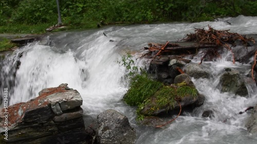 Mountain river flowing through the green forest. Swiss Alps, crystal clear glacial water, mountain spring.