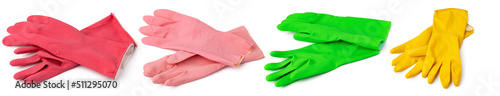 Coloured rubber gloves isolated on white background