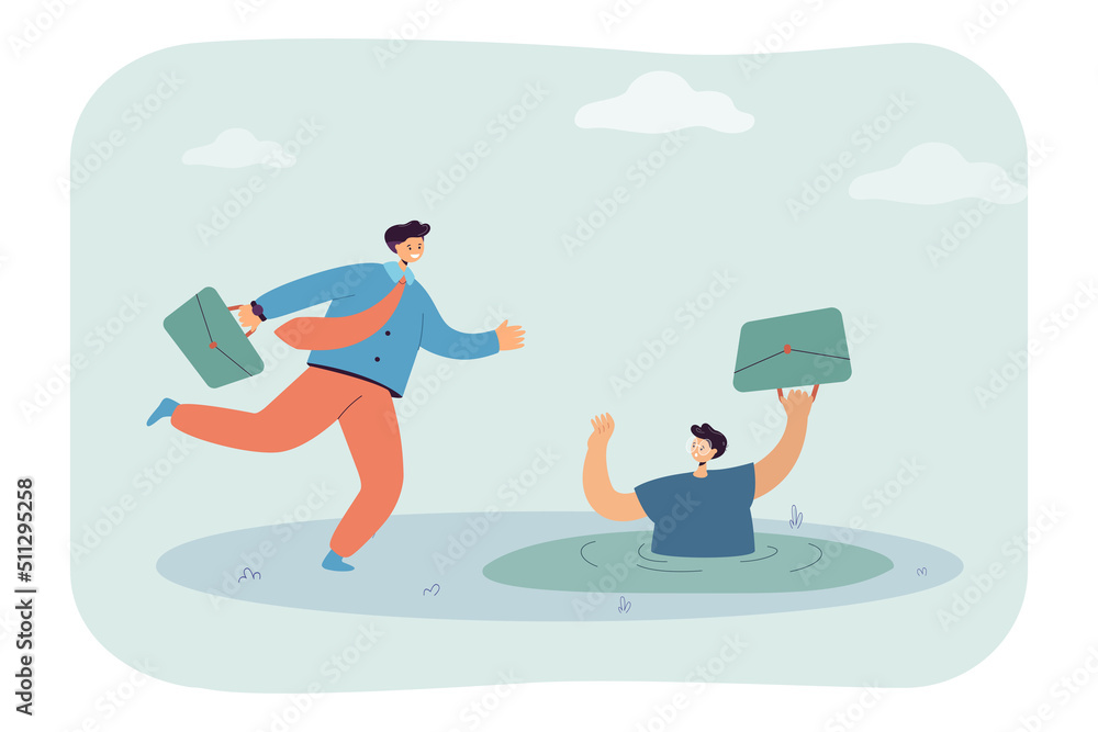 Businessman running past drowning colleague. Business person with financial crisis asking for help flat vector illustration. Rivalry, bankruptcy, competition concept for banner or landing web page Businessman running past drowning colleague. Business person with financial crisis asking for help flat vector illustration. Rivalry, bankruptcy, competition concept for banner or landing web page
