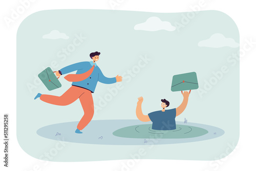 Businessman running past drowning colleague. Business person with financial crisis asking for help flat vector illustration. Rivalry, bankruptcy, competition concept for banner or landing web page © SurfupVector