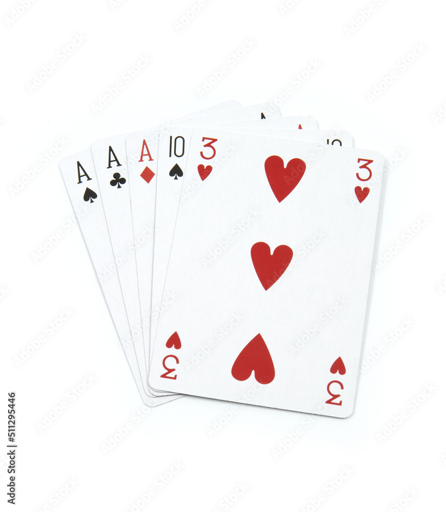 Three of a kind - poker cards on white background Three of a kind - poker cards on white background