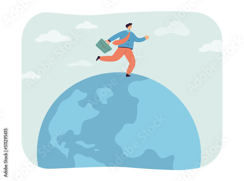 Happy cartoon businessman on top of planet. Office person running on globe flat vector illustration. Success, traveling, tourism concept for banner, website design or landing web page
