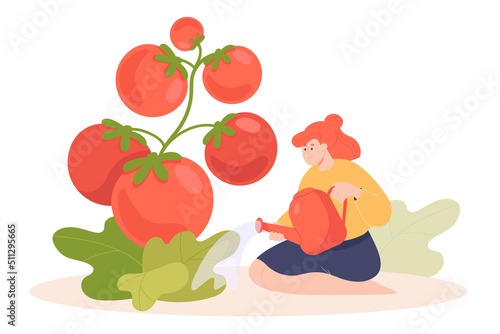 Tiny cartoon woman watering huge tomato plant. Gardener with watering can flat vector illustration. Gardening, agriculture or farming, nature concept for banner, website design or landing web page