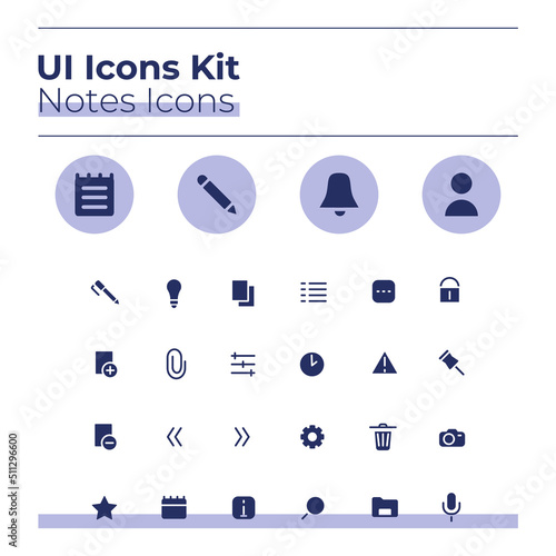 Notes UI icons kit. Private journal glyph vector symbols set. Add image file. Personal diary mobile app buttons in purple circles pack. Web design elements collection