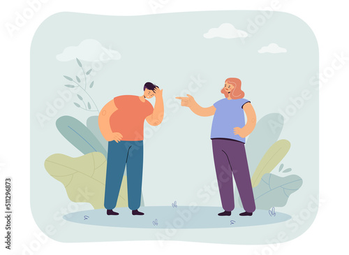Cartoon wife scolding husband. Angry woman pointing and mocking at man flat vector illustration. Conflict, relationship, bullying concept for banner, website design or landing web page