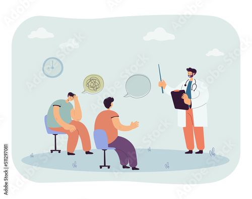 Cartoon doctor or professor asking students questions. Confused and smart pupils in seminar on medicine flat vector illustration. Medicine, education concept for banner or landing web page