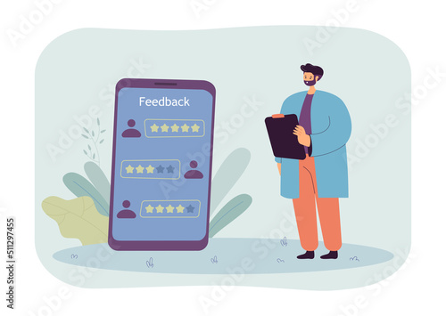 Application or service developer analyzing customer feedback. Clients giving positive reviews to product flat vector illustration. Satisfaction rating, feedback concept for banner or landing web page