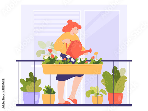 Young cartoon woman watering flowers and green plants on balcony. Modern home garden, potted houseplants flat vector illustration. Gardening concept for banner, website design or landing web page