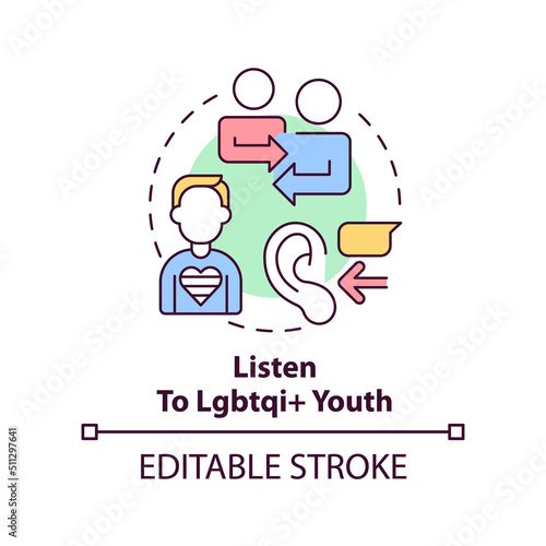Listen to LGBTQI youth concept icon. Be understanding. Supporting LGBT youth abstract idea thin line illustration. Isolated outline drawing. Editable stroke. Arial, Myriad Pro-Bold fonts used
