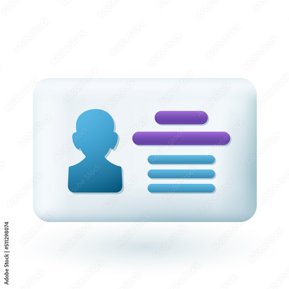 3d cartoon style ID or identification card icon. Profile card with personal data and photo or driver license flat vector illustration. Personal information, document concept 3d cartoon style ID or identification card icon. Profile card with personal data and photo or driver license flat vector illustration. Personal information, document concept