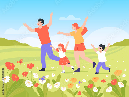 Happy active family with kids running outdoors. Healthy man, woman and children exercising together flat vector illustration. Family, leisure, recreation, health concept for banner or website design