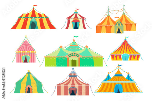 Different colorful circus tents vector illustrations set. Collection of circus domes for amusement park, funfair or event isolated on white background. Circus, festival, entertainment concept