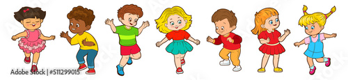 Set of funny figurines of jumping kids playing hopscotch. Dynamic characters in cartoon style. Vector illustration