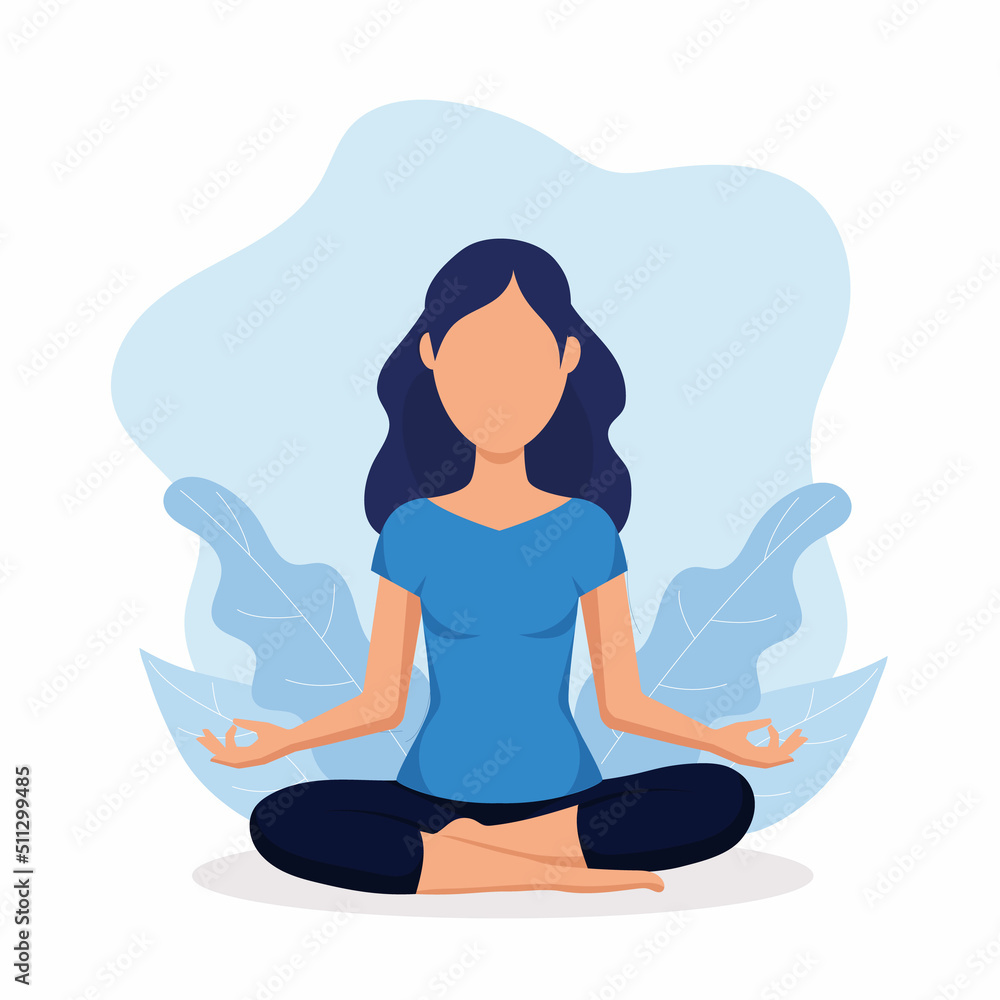 Relaxed woman meditating. Woman in yoga position. Woman meditating in lotus posture. Yoga, meditation, relax, healthy lifestyle concept. Vector stock