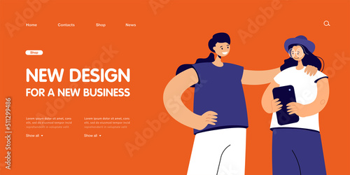 Female character embracing her friend with smartphone in hands. Girls spending time together in real life flat vector illustration. Friendship concept for banner, website design or landing web page