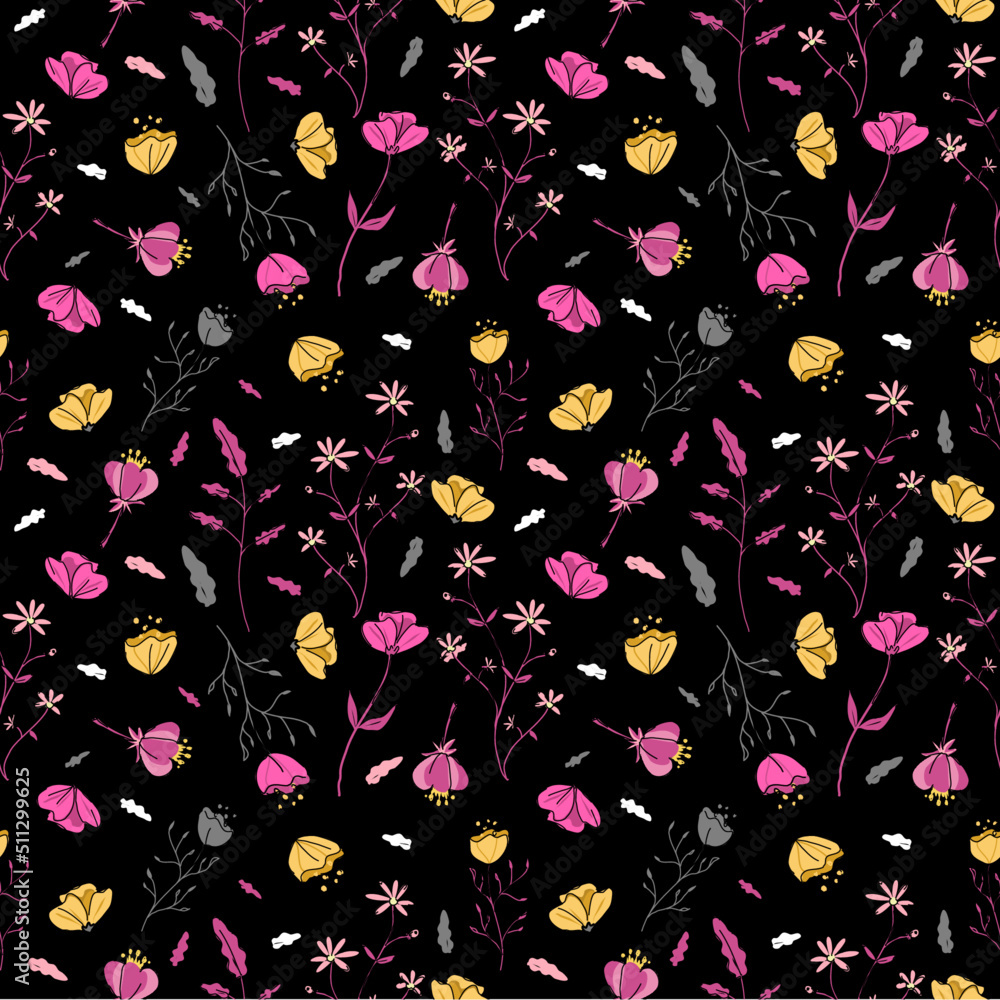 Fototapeta premium Blooming floral meadow seamless pattern. Plant background for fashion, wallpapers, print.Trendy floral design