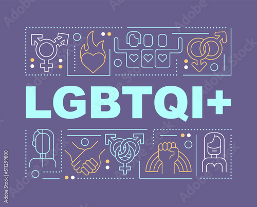 LGBTQI word concepts dark purple banner. Community. Gender identity. Infographics with editable icons on color background. Isolated typography. Vector illustration with text. Arial-Black font used
