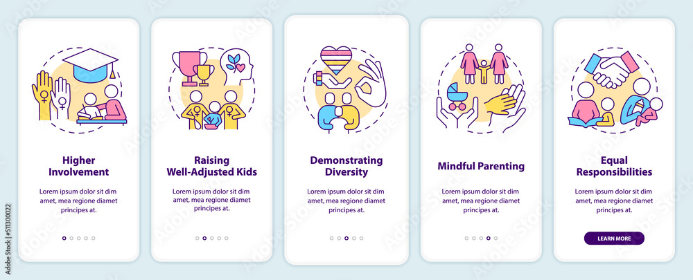 Benefits of same sex parenting onboarding mobile app screen. Walkthrough 5 steps editable graphic instructions with linear concepts. UI, UX, GUI template. Myriad Pro-Bold, Regular fonts used