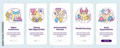 Benefits of same sex parenting onboarding mobile app screen. Walkthrough 5 steps editable graphic instructions with linear concepts. UI, UX, GUI template. Myriad Pro-Bold, Regular fonts used