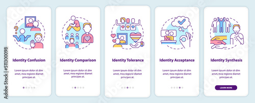 Stages of coming out onboarding mobile app screen. Walkthrough 5 steps editable graphic instructions with linear concepts. UI, UX, GUI template. Myriad Pro-Bold, Regular fonts used