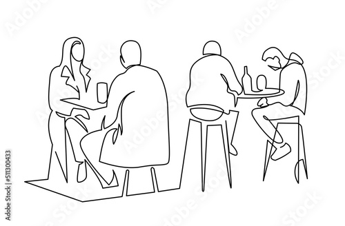 People have lunch in a street cafe continuous one line drawing. Friends talk and drink at the bar contour vector illustration. Lunch break