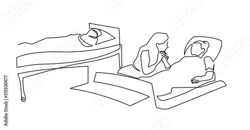 Family taking care to illness mother at clinic resuscitation continuous line vector illustration. Daughter visit sick patient support and love to unwell emergency ambulance.