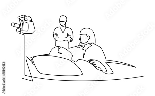 Family taking care to care to illness patient lying on medical bed at clinic minimalist continuous line vector illustration.