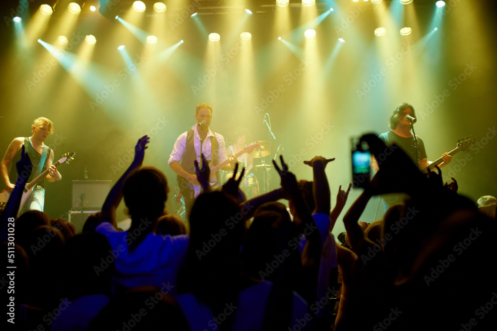 Young people getting into the music at an awesome concert. This concert was created for the sole purpose of this photo shoot, featuring 300 models and 3 live bands. All people in this shoot are model