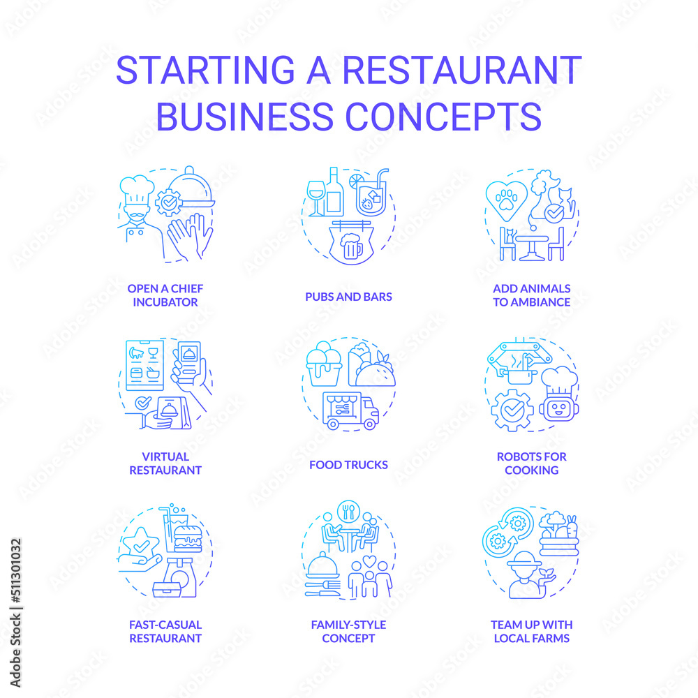 Starting restaurant business blue gradient concept icons set. Food trucks and pubs idea thin line color illustrations. Planning startup. Isolated symbols. Roboto-Medium, Myriad Pro-Bold fonts used