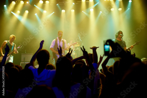 Young people getting into the music at an awesome concert. This concert was created for the sole purpose of this photo shoot  featuring 300 models and 3 live bands. All people in this shoot are model