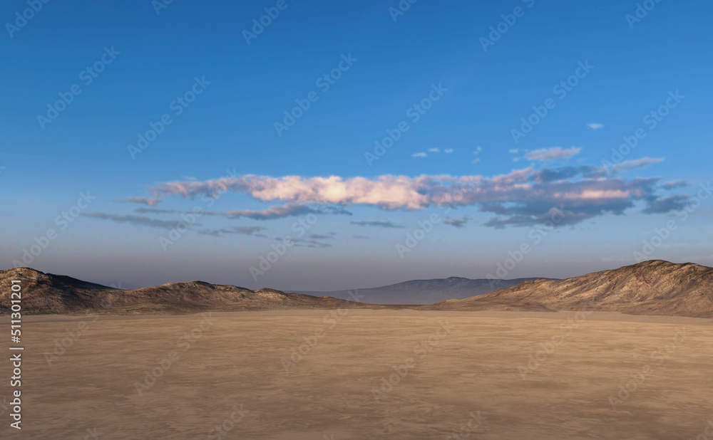 Vast dry plain in desert with mountains on the horizon at sunset. 3D render.