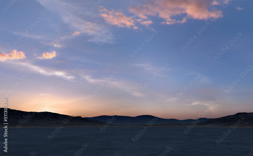Vast dry plain in desert with mountains on the horizon at sunset. 3D render.