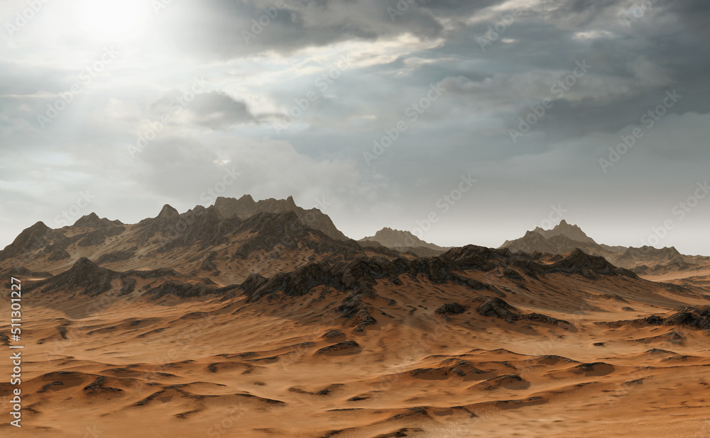Landscape with rock formations and sand under a cloudy sky. 3D render.