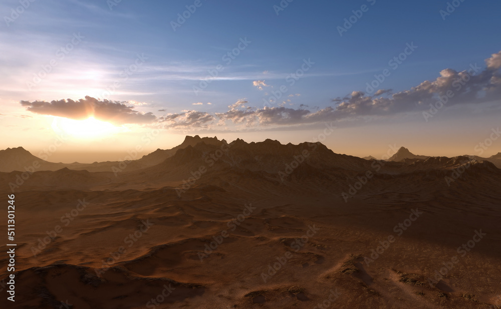 Landscape with rock formations and sand at sunrise. 3D render.