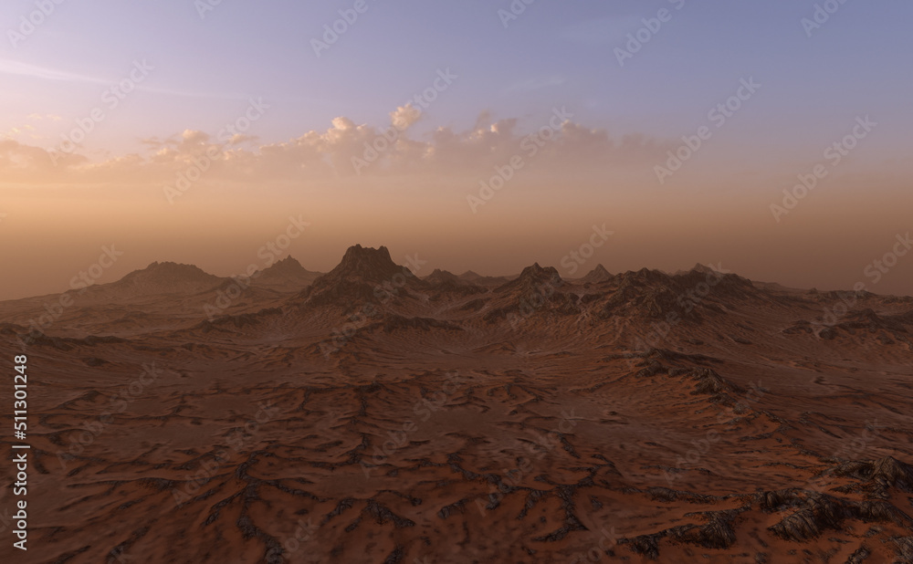Obraz premium Landscape with rock formations and sand at sunrise. 3D render.