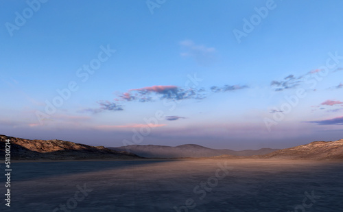 Vast dry plain in desert with mountains on the horizon at sunset. 3D render.