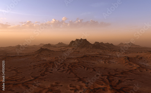 Landscape with rock formations and sand at sunrise. 3D render.