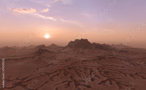 Landscape with rock formations and sand at sunrise. 3D render.