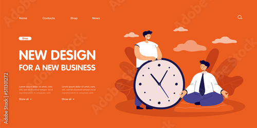 Calm businessman meditating while taking break from work. Office worker holding big clock flat vector illustration. Relaxation, meditation concept for banner, website design or landing web page