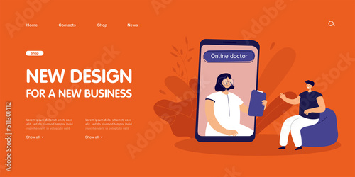 Female doctor on big phone screen talking to male patient. Online appointment with medical professional flat vector illustration. Medicine, health, technology concept for banner or landing web page