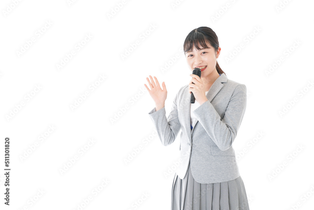 Young business woman talking with mic Young business woman talking with mic