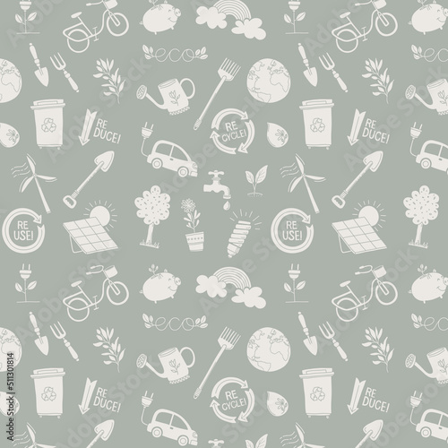 Illustrated seamless pattern icons green background ecologist environment conservation save water recycle reuse reduce plant natural resources eco set planet solar panel eco friendly.