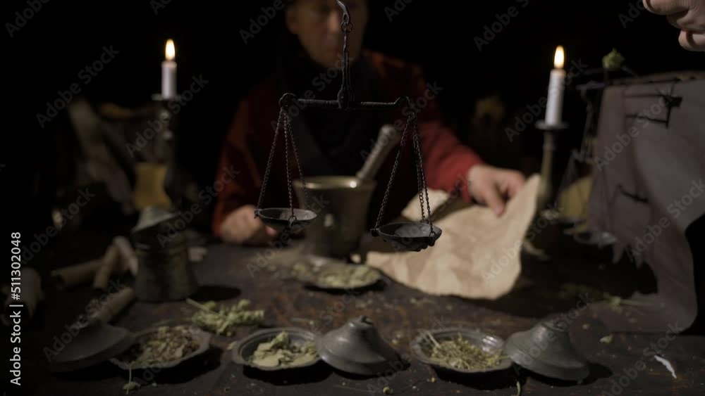 Health practices in historical periods.
Healer mixing herbs. He is preparing medicine for treatment.
Health practices in historical periods.
Healer mixing herbs. He is preparing medicine for treatment.