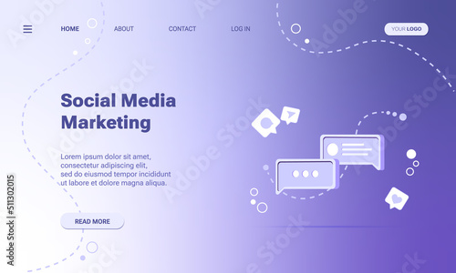 Social media marketing landing page template. Concept of network advertising, internet marketing. Vector illustration of smm with isometric message bubble with icons for social media app
