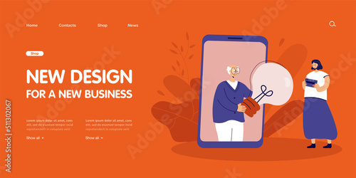 Elderly person giving lightbulb to woman through huge smartphone. Girl giving financial help to old man flat vector illustration. Banking, investment concept for banner or landing web page