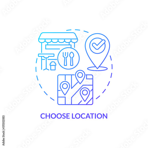 Choose location blue gradient concept icon. Small restaurant business plan abstract idea thin line illustration. Site with own parking. Isolated outline drawing. Myriad Pro-Bold font used