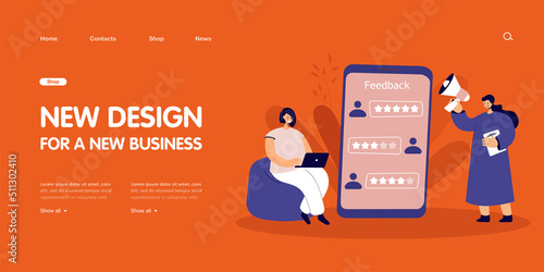 Huge phone and female user with laptop checking online reviews. Adult woman holding megaphone flat vector illustration. Customer feedback, technology concept for banner, website design or landing page