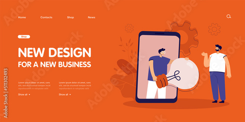 Happy man giving idea to friend or colleague over phone. Male character holding huge lightbulb on big smartphone flat vector illustration. Teamwork, startup concept for banner or landing web page